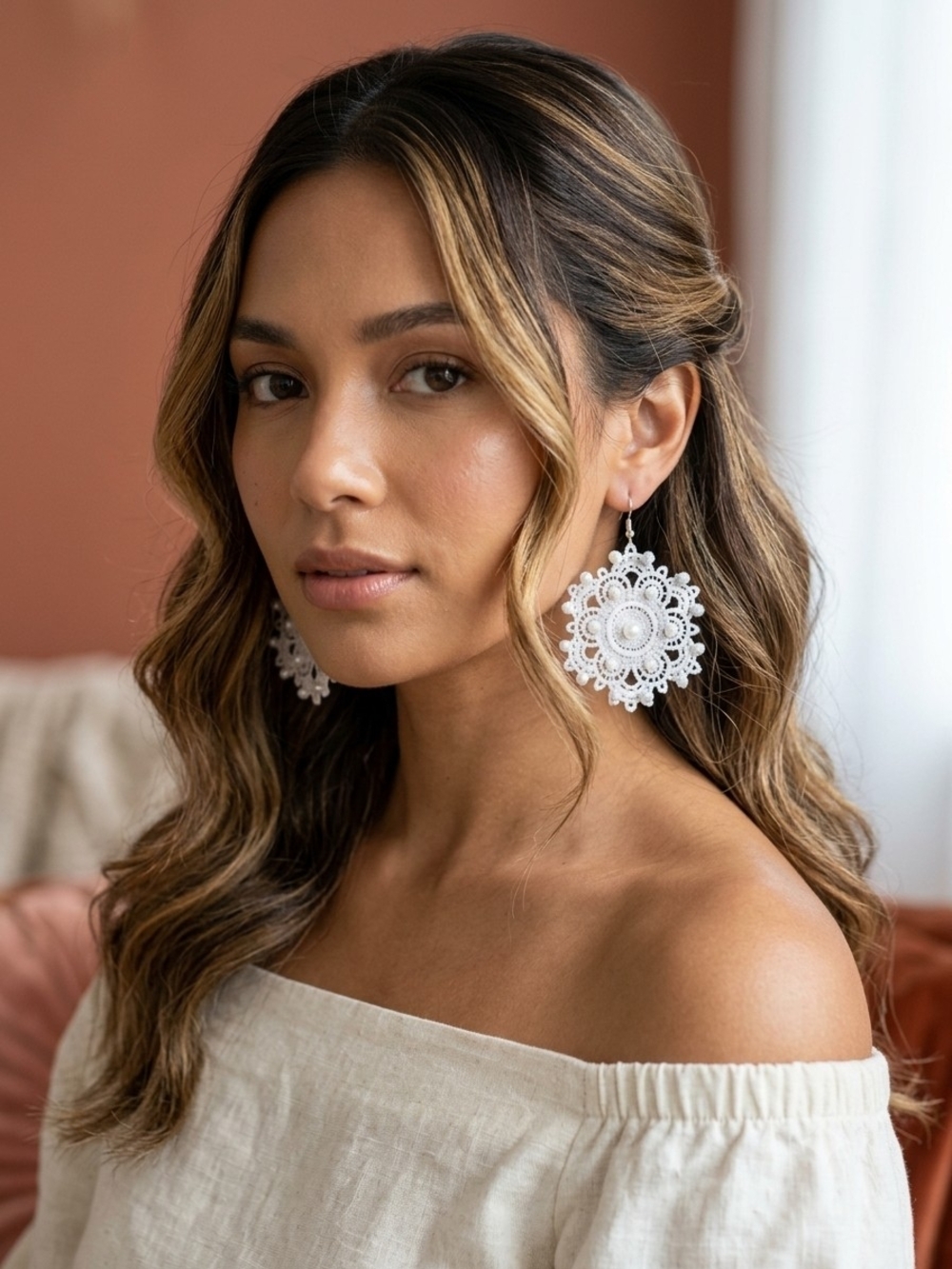 Handmade White Pearl Lace Drop Earrings